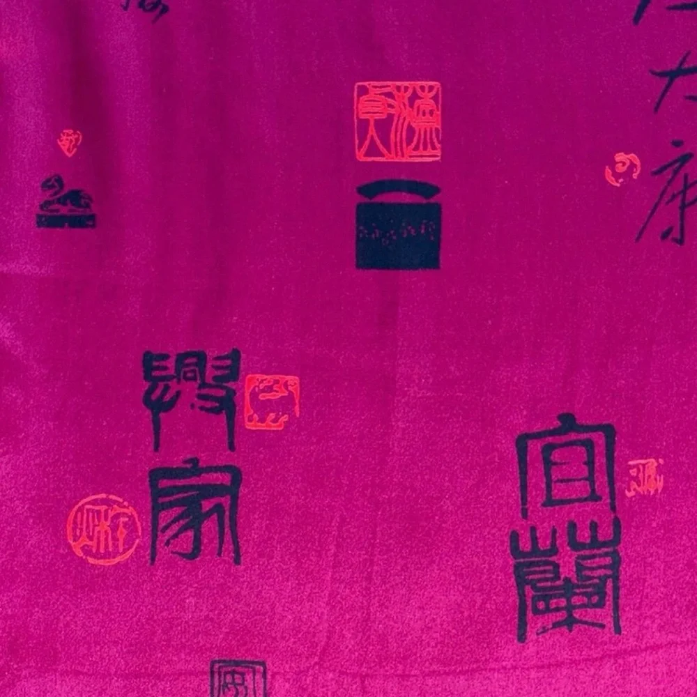 Vintage Silk Scarf Magenta Gold Asian Motif Fringe Long Wrap Shawl